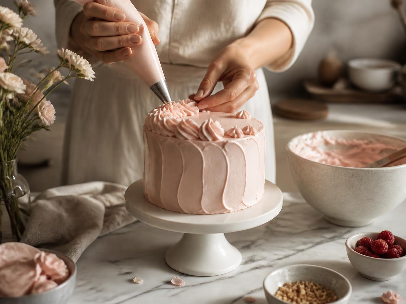 Confeiteira decorando cuidadosamente um bolo artesanal